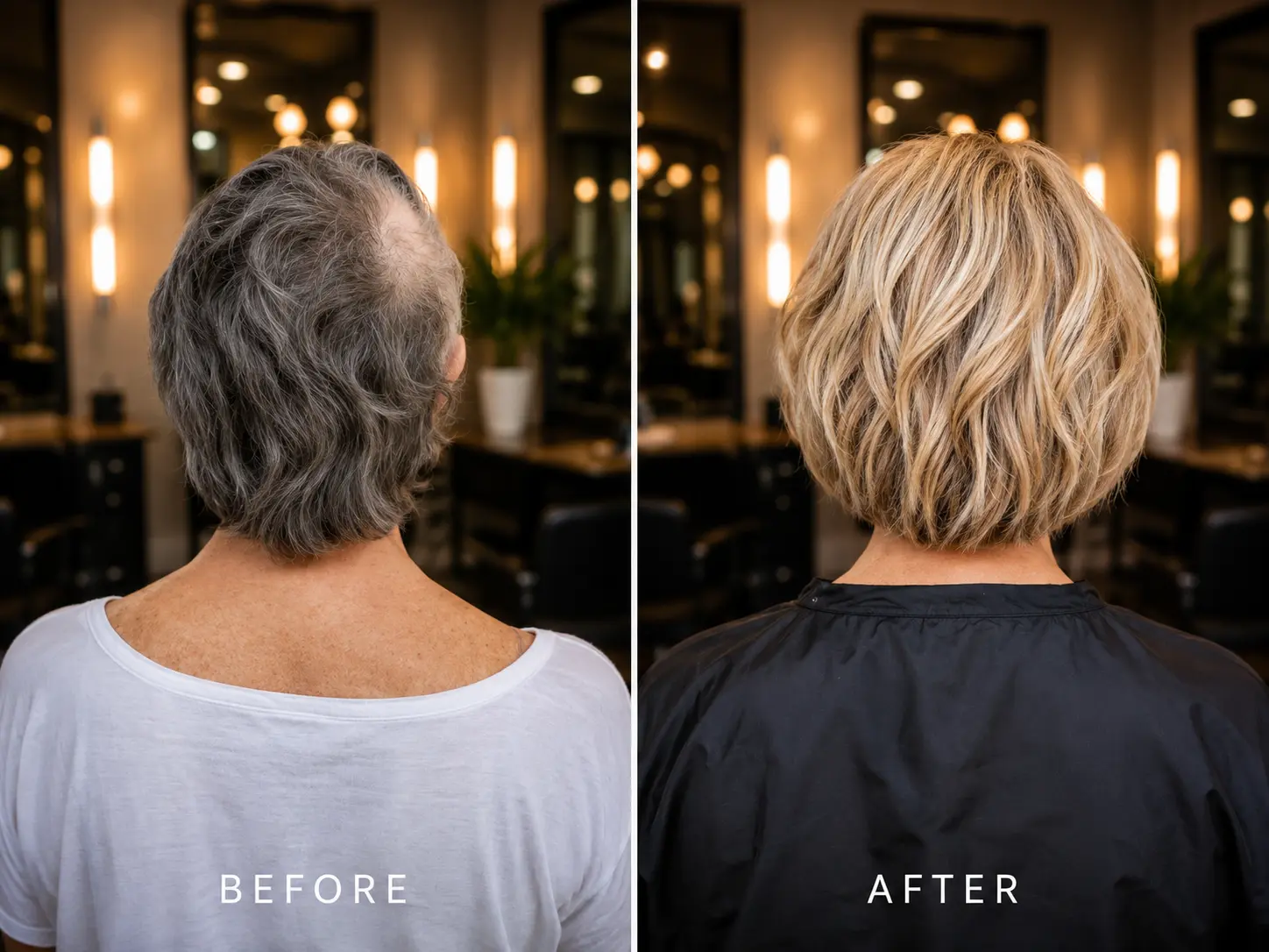 Before and after blonde hair style installation by Katherine