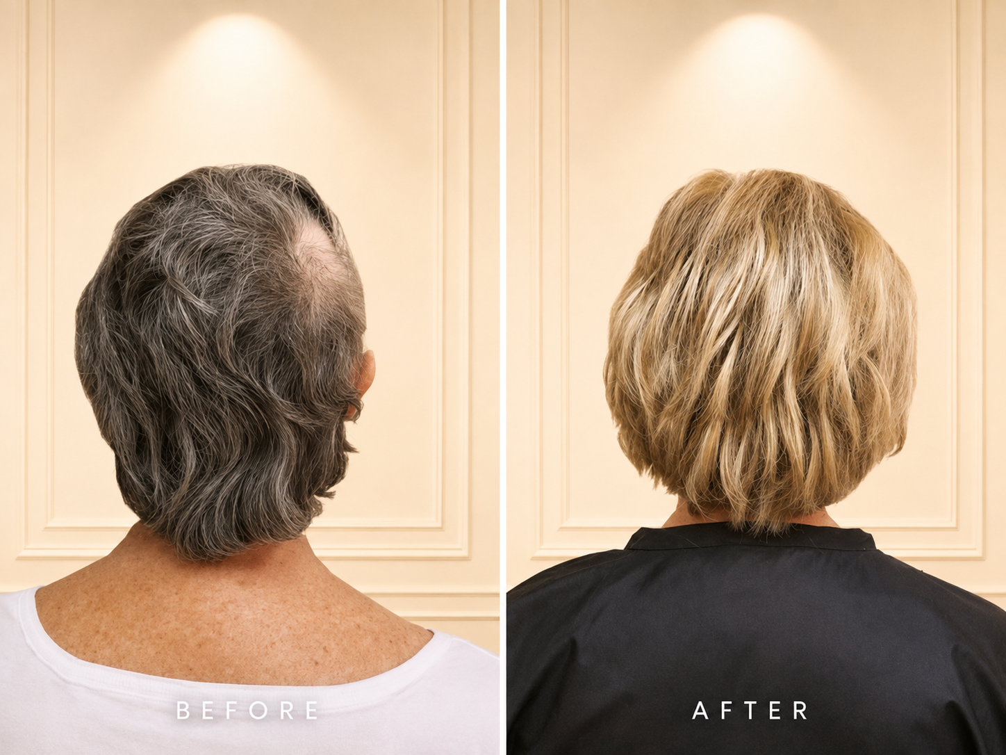 Before and after complete hair restoration with blonde color for thinning hair in Scottsdale AZ