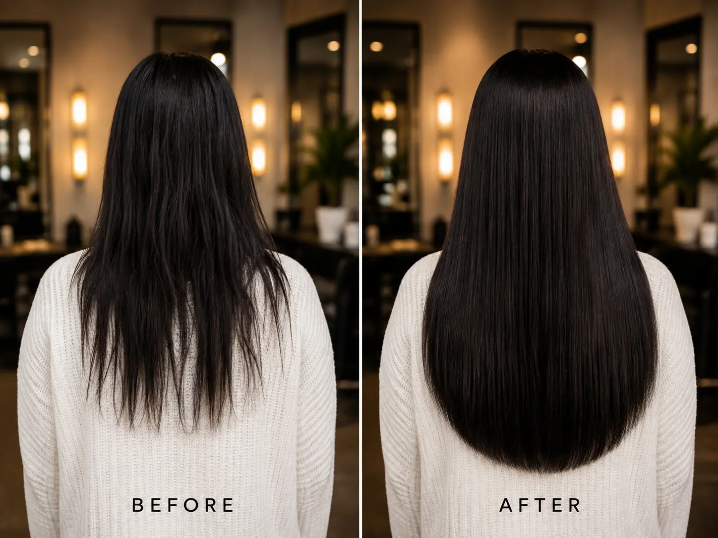 Before and after sleek black hair extensions at the best hair extensions salon in Scottsdale