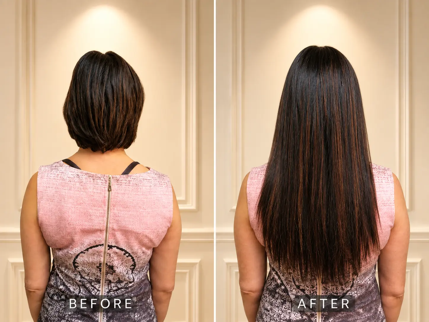 Before and after bob to long dark brunette hair extensions in Scottsdale AZ