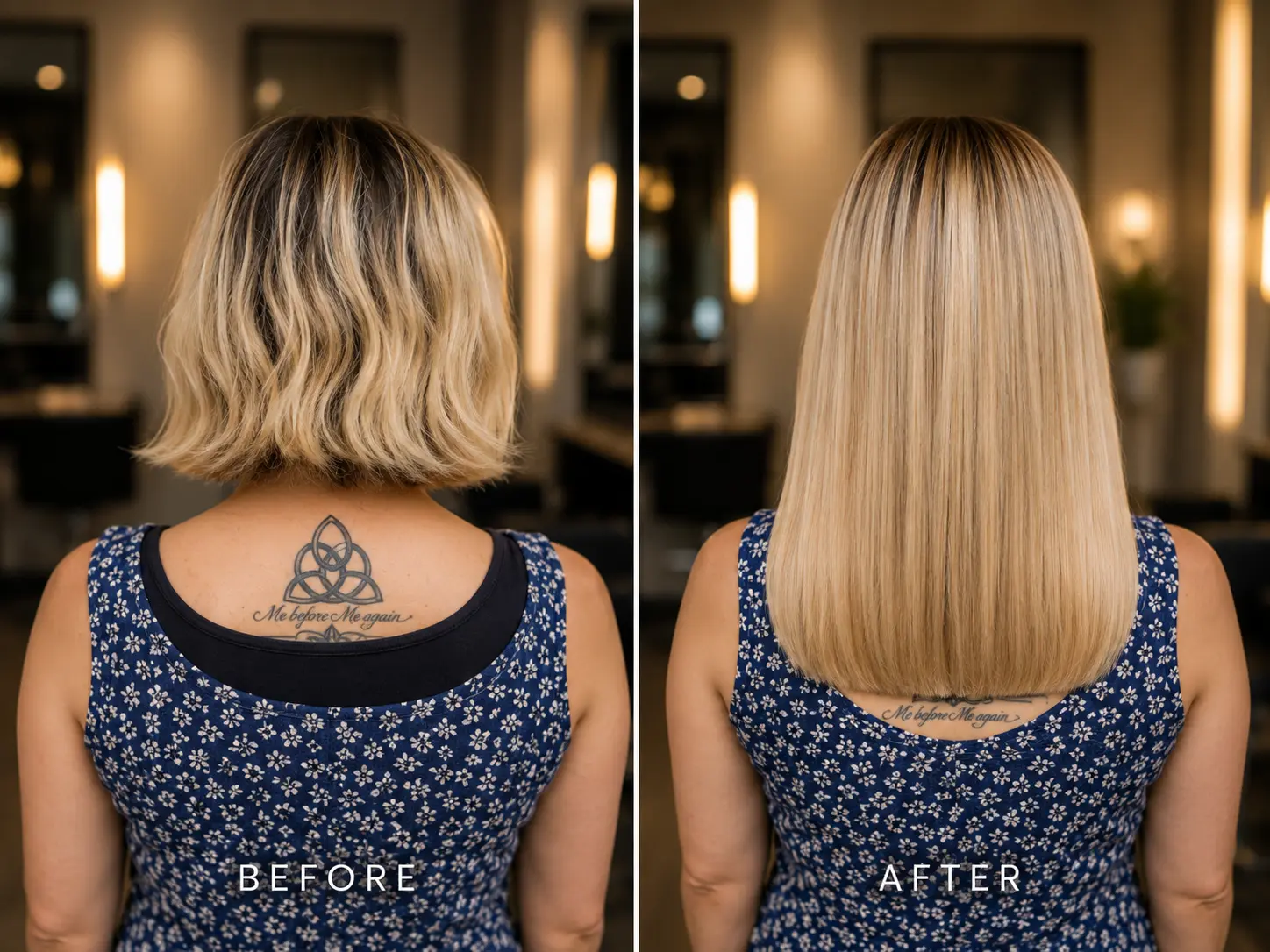 Before and after blonde bob to long blonde hair extensions in Scottsdale AZ