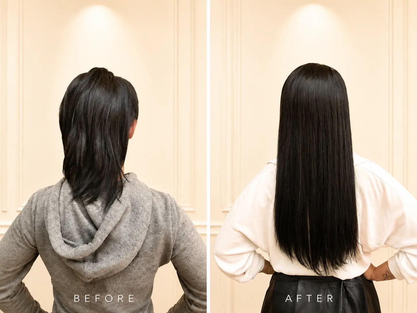 Before and after long black hair extensions with organic hair color in Scottsdale AZ