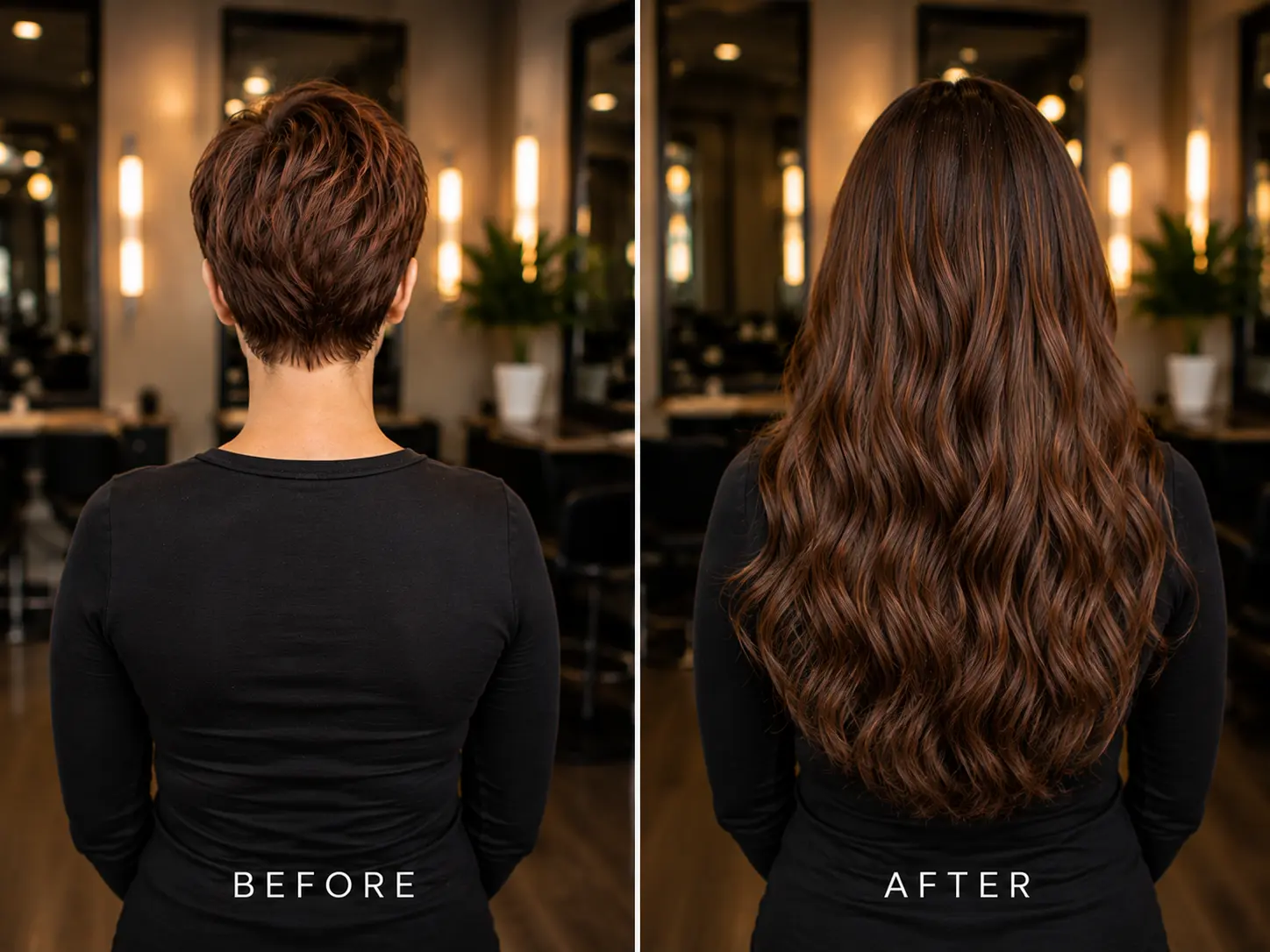 Before and after long auburn weft hair extensions