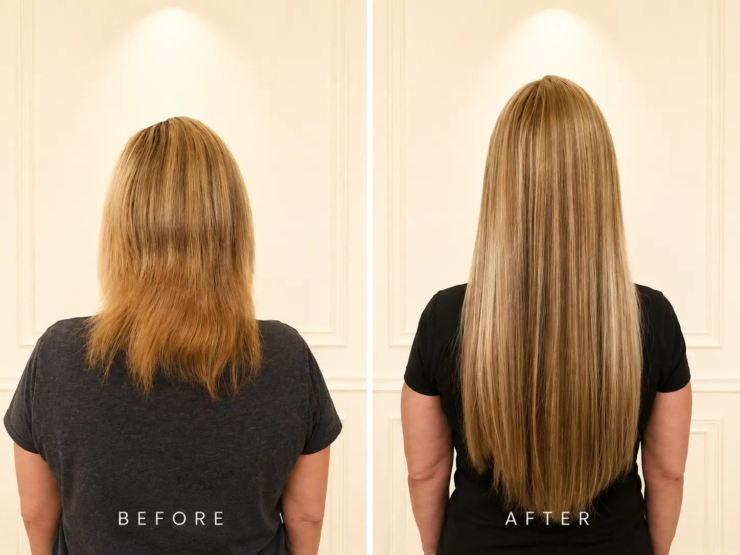 Before and after I-tip and keratin bond blonde hair extensions by Katherine in Scottsdale AZ