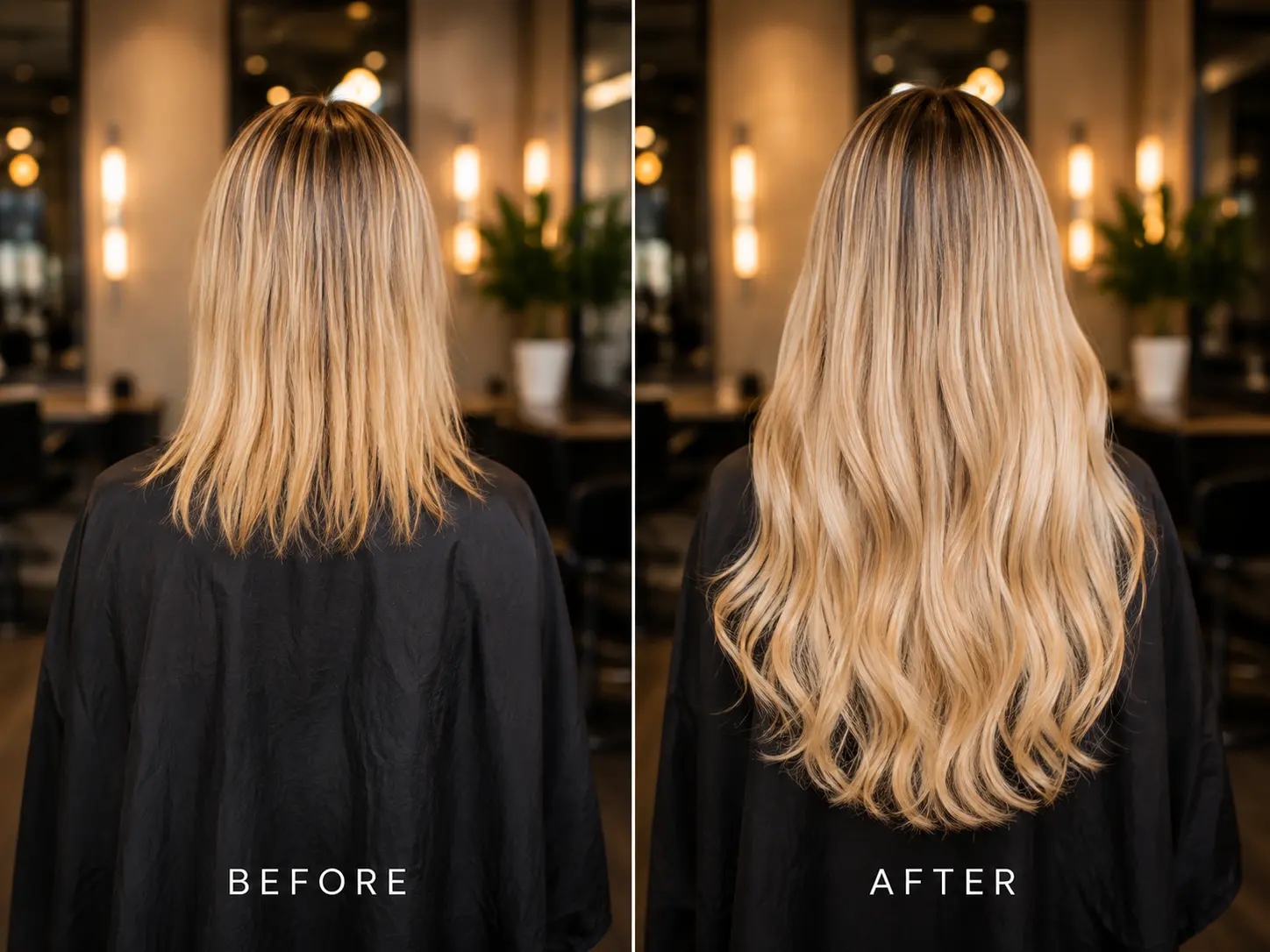 Before and after natural blonde hair color blend extensions
