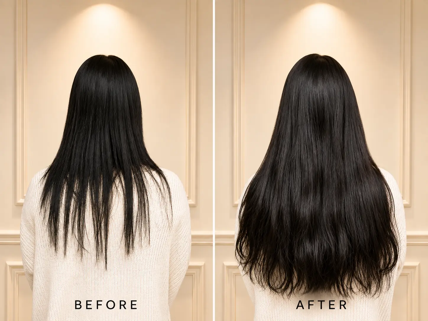 Before and after thick black hair extensions installed one on one in a private Scottsdale AZ studio