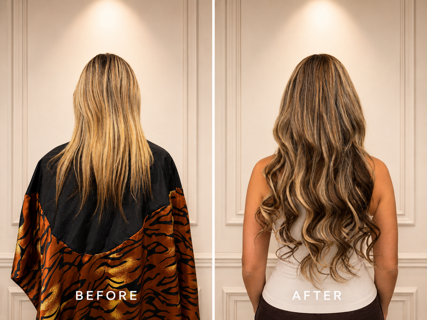 Before and after hair extensions restoration with dimensional color in Scottsdale AZ