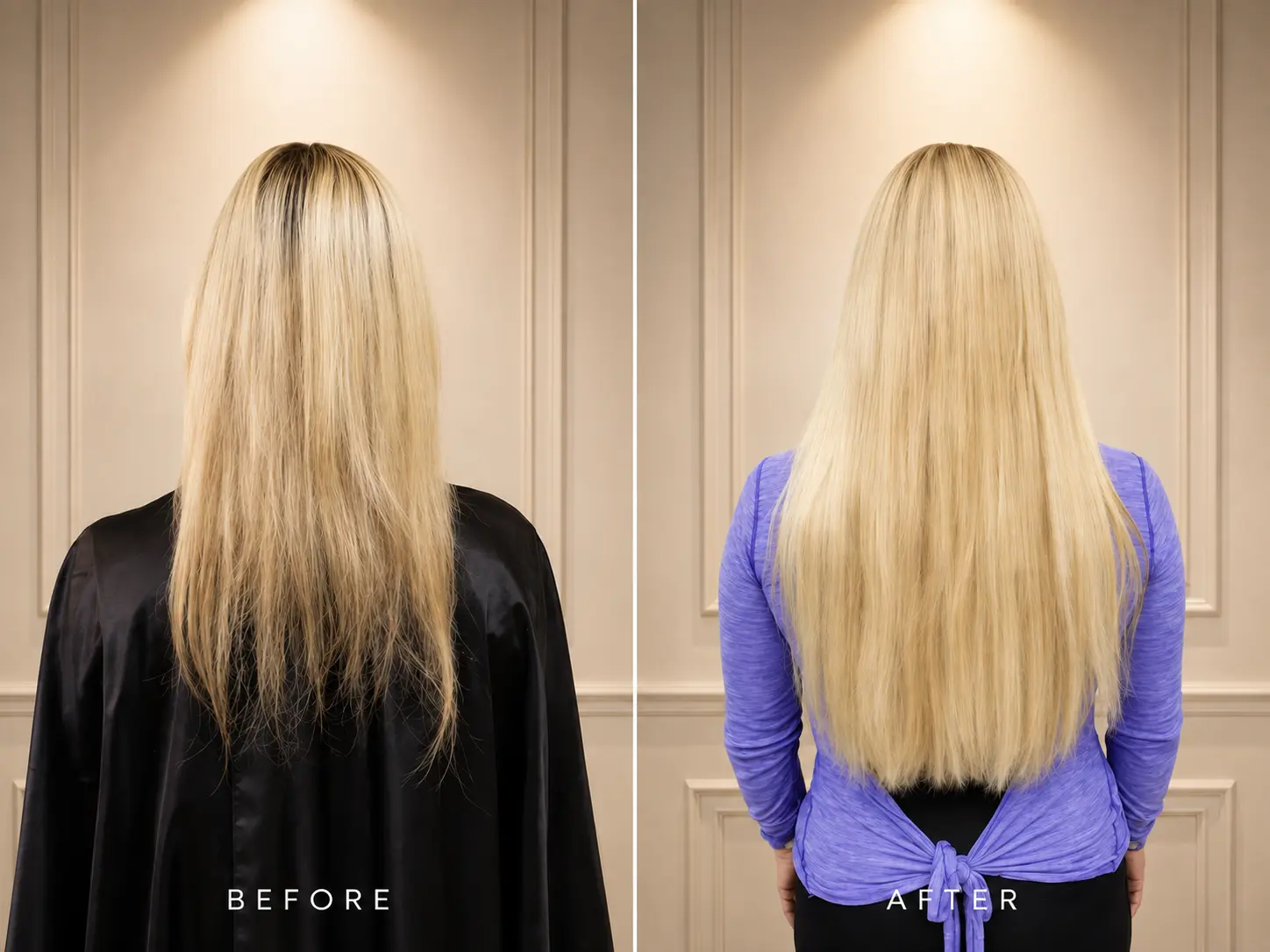 Before and after blonde hair restoration and color match in Scottsdale AZ