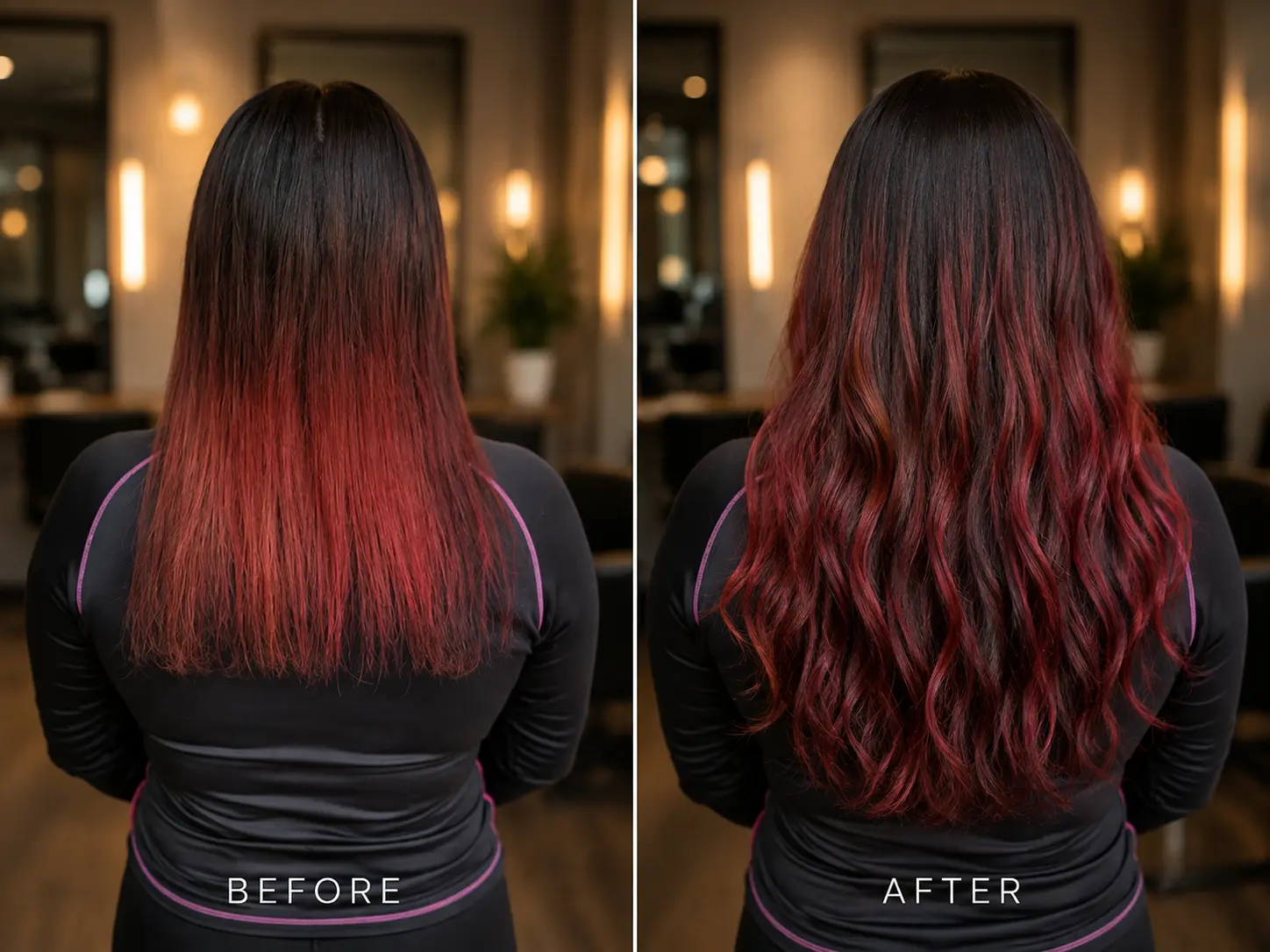 Before and after red ombre hair extensions with waves