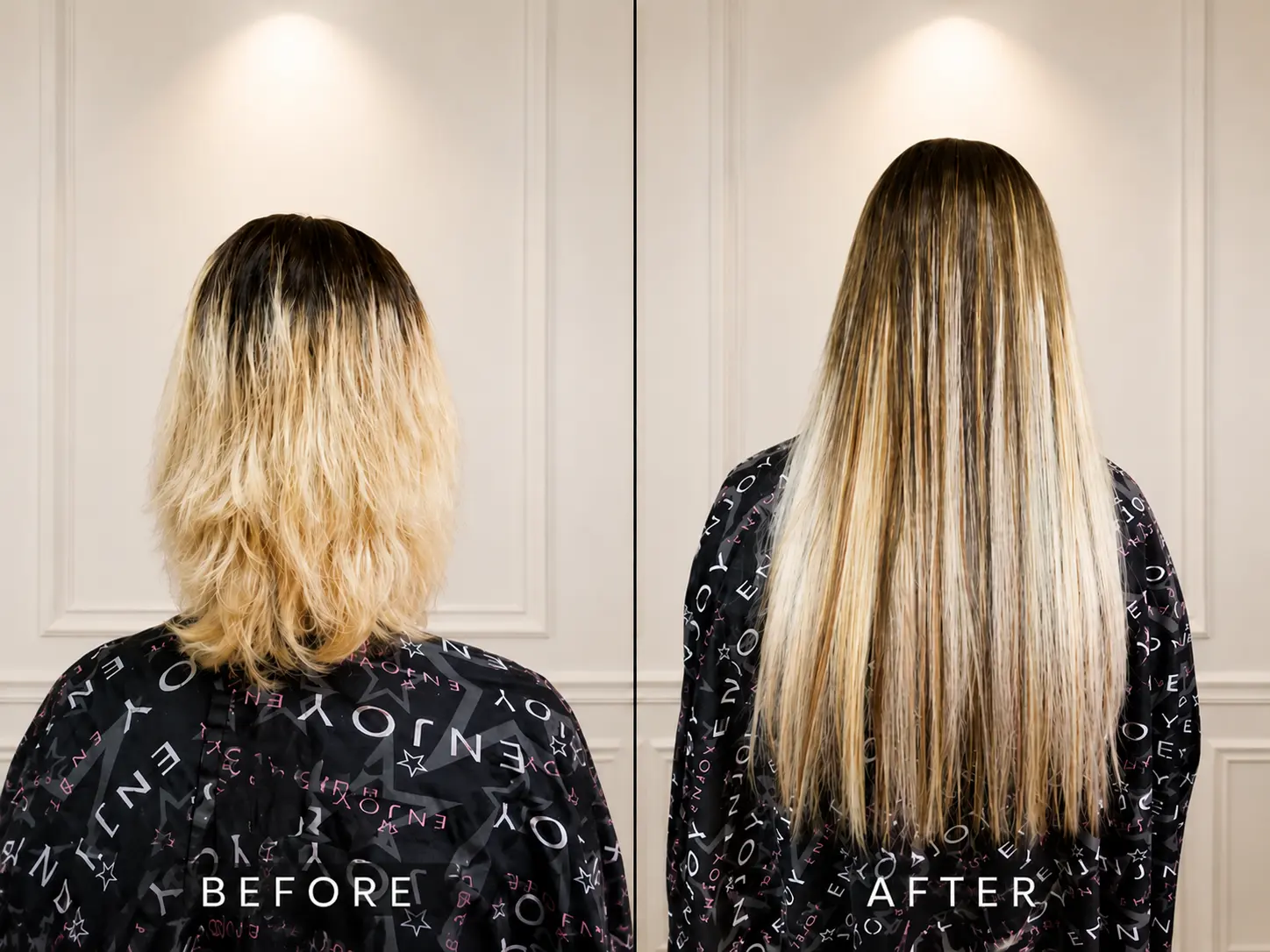 Before and after blonde balayage hair extensions by Katherine in Scottsdale AZ