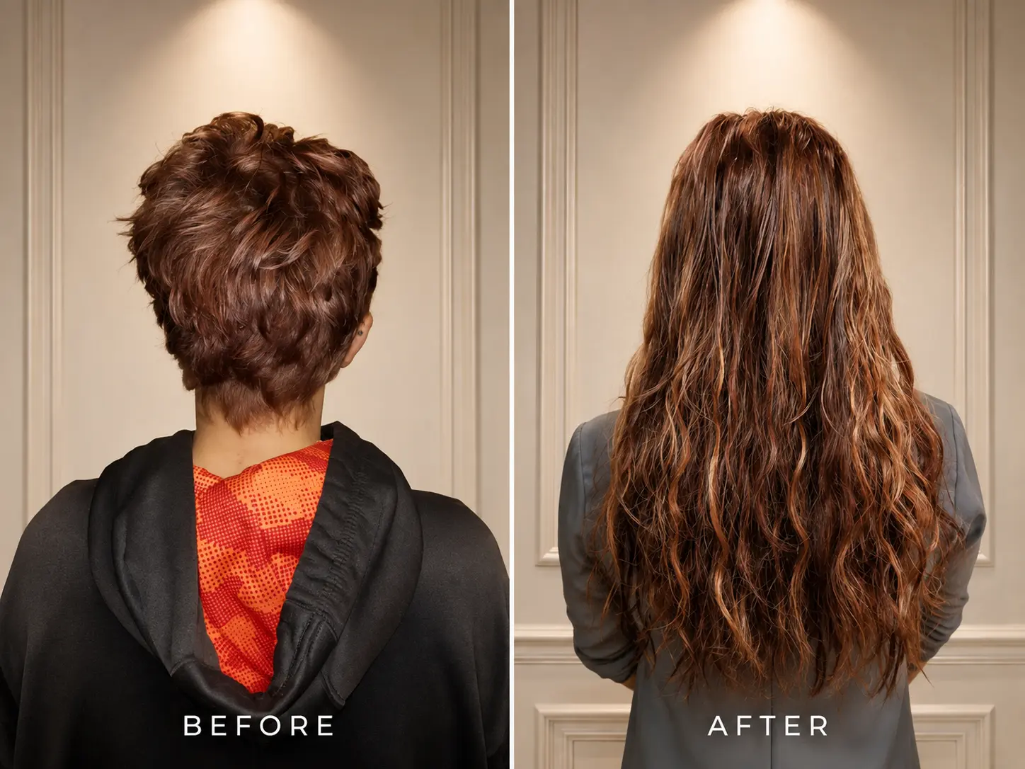Before and after pixie to long auburn wavy hair extensions by Katherine in Scottsdale AZ