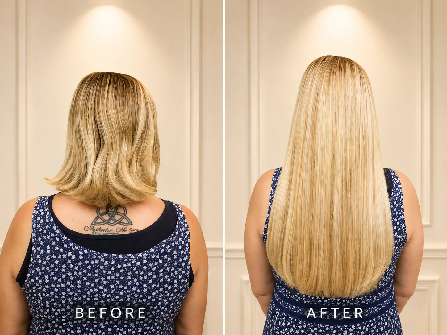 Before and after perfect blonde color match hair extensions in Scottsdale AZ