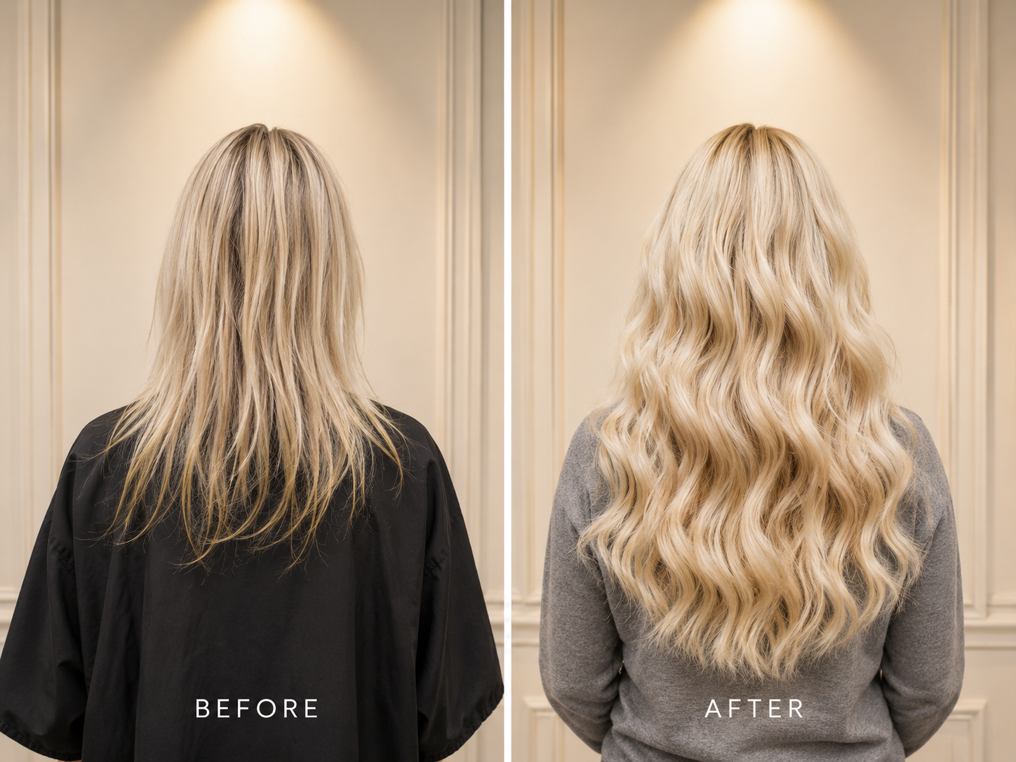 Before and after same day blonde hair extensions installation in Scottsdale AZ